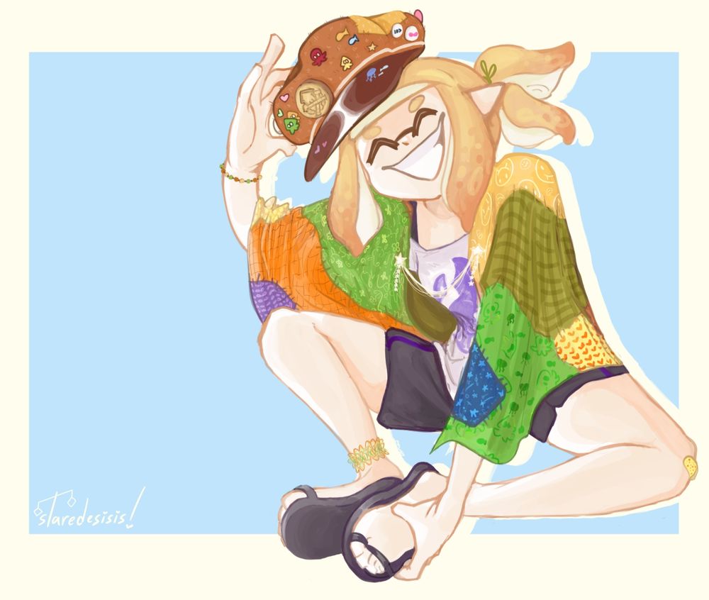 Illustration of Agent 4 from the Splatoon franchise as the captain of the New Squidbeak Splatoon. She's sitting down, head tilted with a wide smile, holding her cap on her head, which is covered in pins and stickers. She wears her poncho as a cape, which is sewn together with various patches of patterned, colorful fabric. 