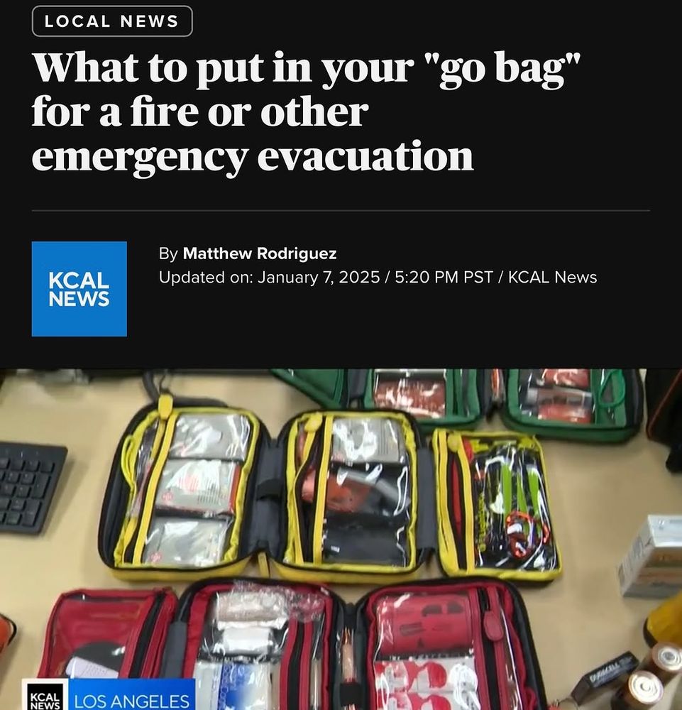 Picture of news story article that says "what to put in your go bag for a fire or other emergency evacuation"