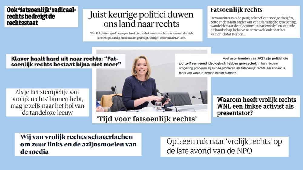 Collage van knipsels uit kranten en artikelen.

Teksten:
Ook 'fatsoenlijk' radicaal-rechts bedreigt de rechtsstaat

Juist keurige politici duwen ons land naar rechts

Wat Rob Jetten goed begrepen heeft, is dat de kiezer smacht naar iemand die zich fatsoenlijk, aardig en bekwaam gedraagt, schrijft Teun van de Keuken.

Fatsoenlijk rechts

De voorzitter van de partij schreef een stevige dreigfax, zette er de naam onder van een islamitische groepering, wandelde naar de telecommunicatiewinkel en stuurde de boodschap behalve naar zichzelf ook naar het Kamerlid Mat Herben....

Klaver haalt hard uit naar rechts: "Fat-soenlijk rechts bestaat bijna niet meer"

veel prominenten van JA21 zijn politici die zichzelf vermeend ideologisch hebben gerecycled. In hun nieuwe omgeving proberen zij zich te profileren als fatsoenlijk rechts. Maar daar is niets van waar te nemen in hun plannen.

Als je het stempeltje van 'vrolijk rechts' binnen hebt, mag je zelfs naar het hol van de tandeloze leeuw

'Tijd voor fatsoenlijk rechts' + foto van Ingrid Coenradie

Waarom heeft vrolijk rechts WNL een linkse activist als presentator?

Wij van vrolijk rechts schaterlachen om zuur links en de azijnsmoelen van de media

Opl: een ruk naar 'vrolijk rechts' op de late avond van de NPO
