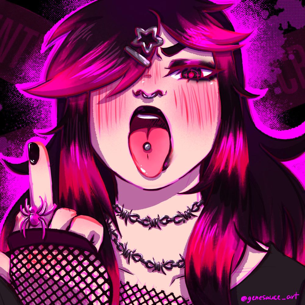 @jurassicpeanut.bsky.social's oc Viv looking irritated and holding up her middle finger. Their tongue is out