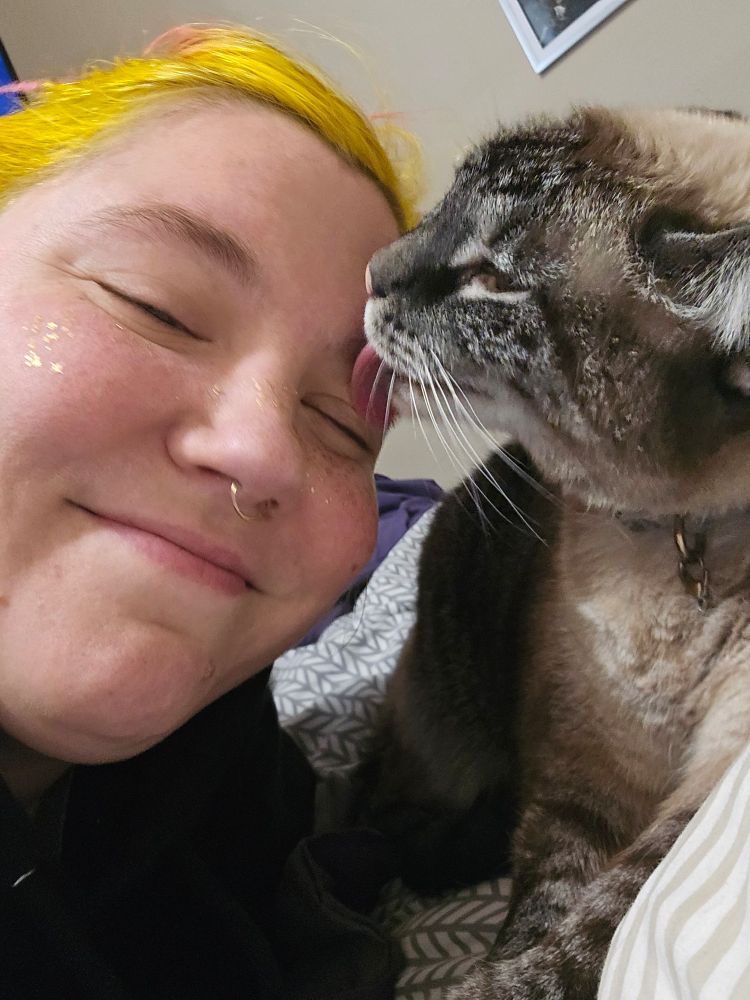 Woman smiles as her cat lives her kisses 