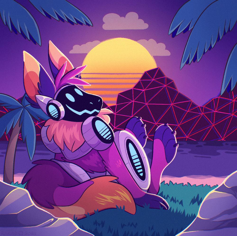 A vaporwave themed protogen sitting in a vaporwave themed background, on a grassy cliff above a beach