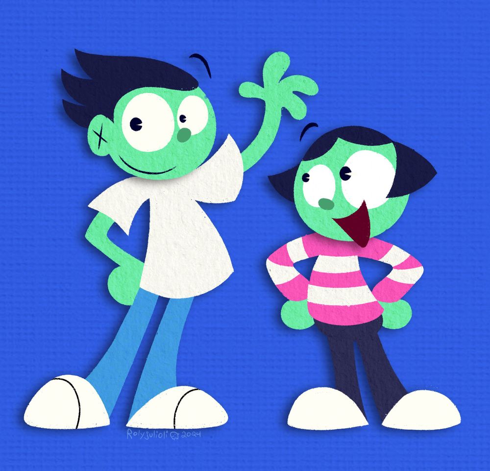 Dot and Dash from the Pbs Kids channel; Dash is waving while Dot looks at him smiling.