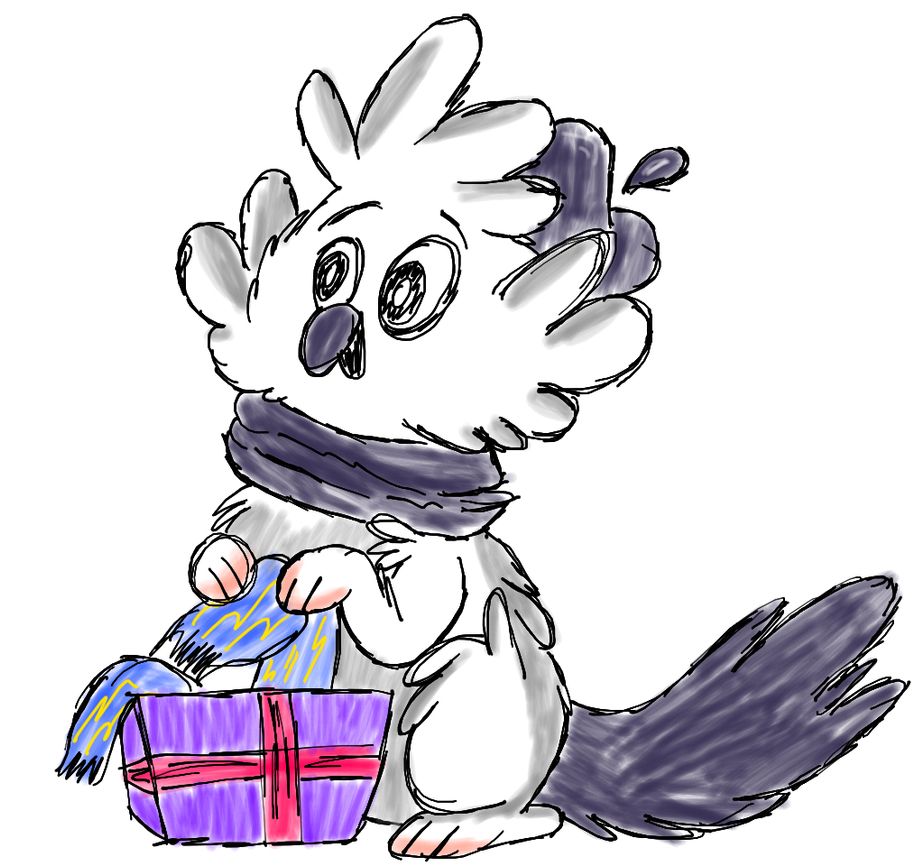 Griffon character smiling at a present they just recieved: a new scarf.