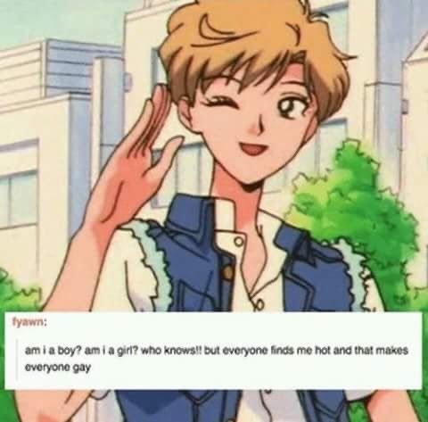 Sailor Uranus wearing an androgenous outfit while winking and waving, with a forum caption that says: "am i a boy? am i a girl? who knows!! but everyone finds me hot and that makes everyone gay