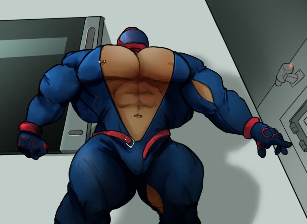 a drawing of a very muscular man in a biker's helmet and leathers, his muscles are growing and splitting his suit.