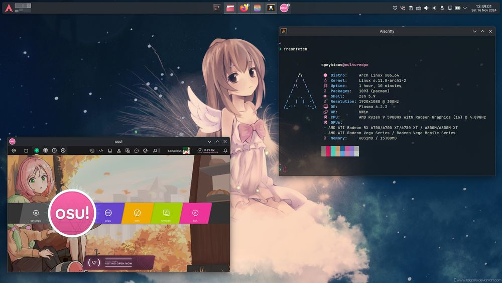 A screenshot of my Arch Linux desktop, with an osu!lazer window on the left, and Alacritty with fetch information on the right.
The wallpaper is a drawing of Aisaka Taiga (from the anime Toradora!) dressed as an angel on a cute little cloud in the night.

Fetch info:
speykious@culturedpc
Distro: Arch Linux x86_64
Kernel: Linux 6.11.8-arch1-2
Uptime: 1 hour, 10 minutes
Packages: 1093 (pacman)
Shell: zsh 5.9
Resolution: 1920x1080 @ 300Hz
DE: Plasma 6.2.3
WM: KWin
CPU: AMD Ryzen 9 5900HX with Radeon Graphics (16) @ 4.89GHz
GPUs:
- AMD ATI Radeon RX 6700/6700 XT/6750 XT / 6800M/6850M XT
- AMD ATI Radeon Vega Series / Radeon Vega Mobile Series
Memory: 6832MB / 15388MB