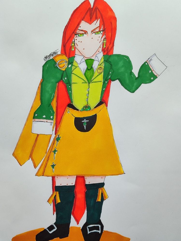 A man with ankle length red hair wearing a saffron Irish kilt + military outfit