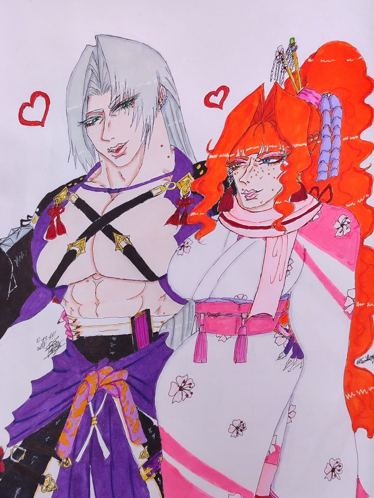 A man with long silver hair holding a man with long wavy red hair close to him.