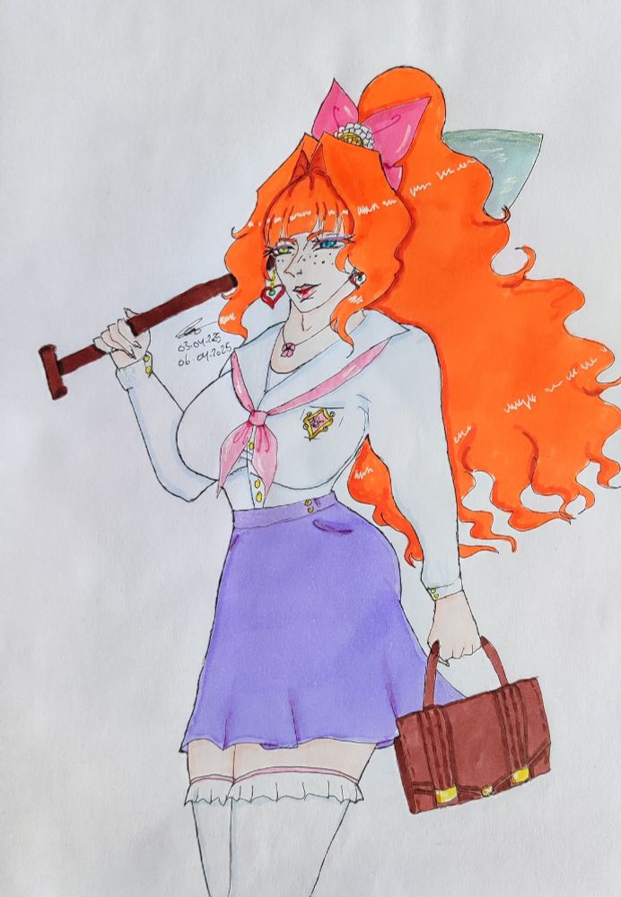 A tall male with red long wavy hair and a curvy figure and a big chest wearing a school outfit whilst holding a spade/shoffel