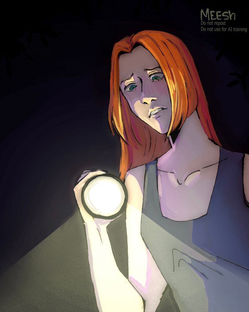 Digital Artwork of a redhead woman with green-blue eyes and a gray tank top pointing a flashlight downwards with a concerned look, standing outside during nighttime