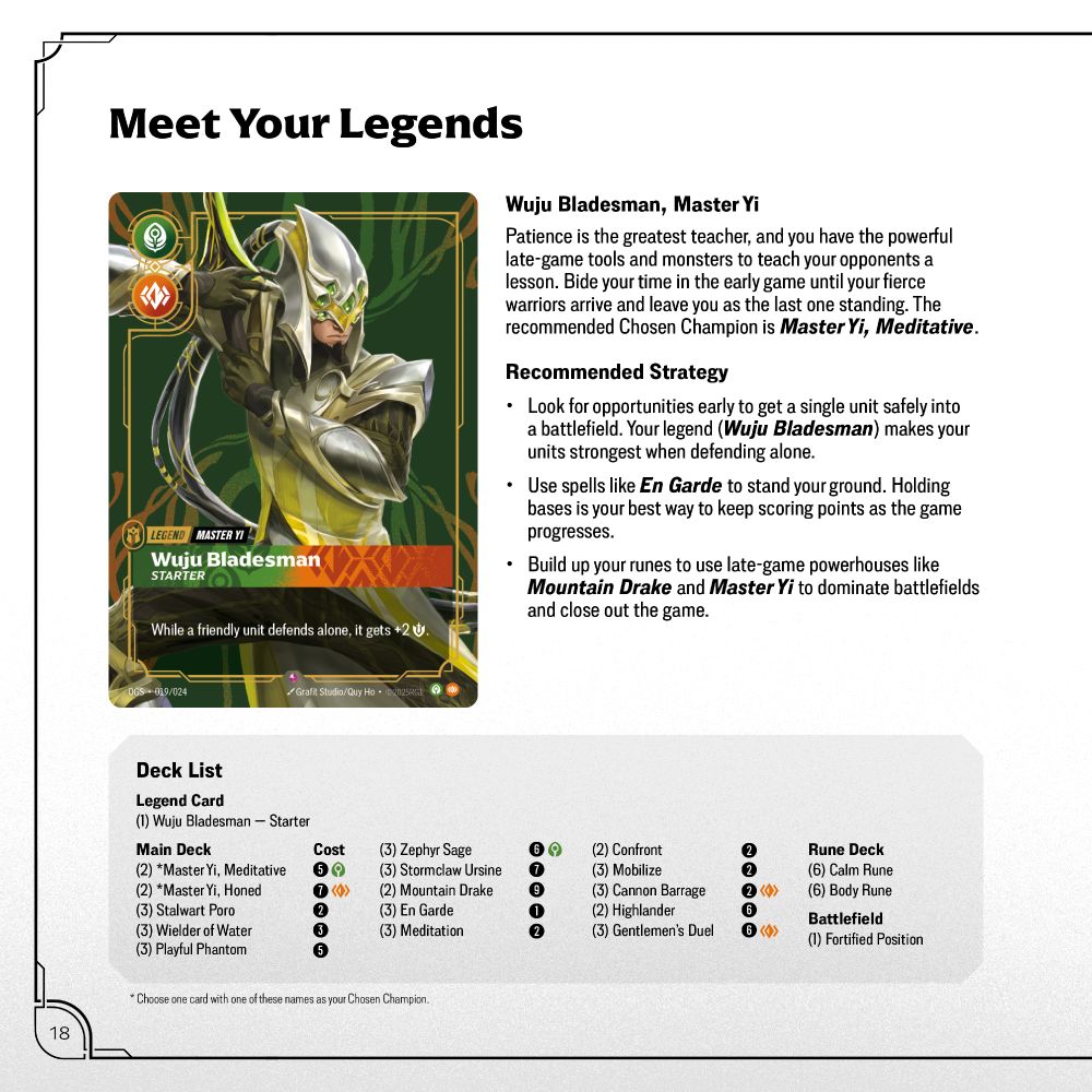 Master Yi's page from the Proving Grounds instruction book, which includes the decklist (I don't have time to provide here, but it will be available soon in How to Play article and probably right now on Discord)