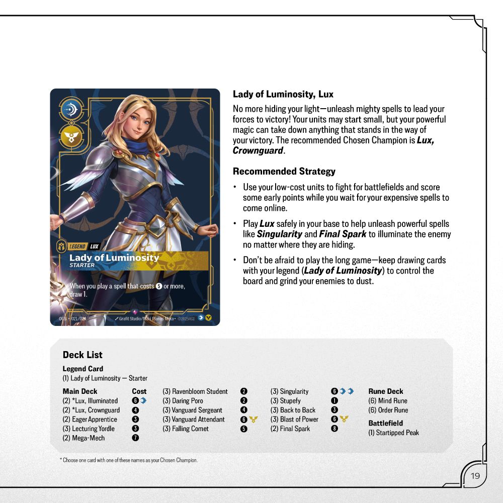 Lux's page from the Proving Grounds instruction book, which includes the decklist (I don't have time to provide here, but it will be available soon in How to Play article and probably right now on Discord)