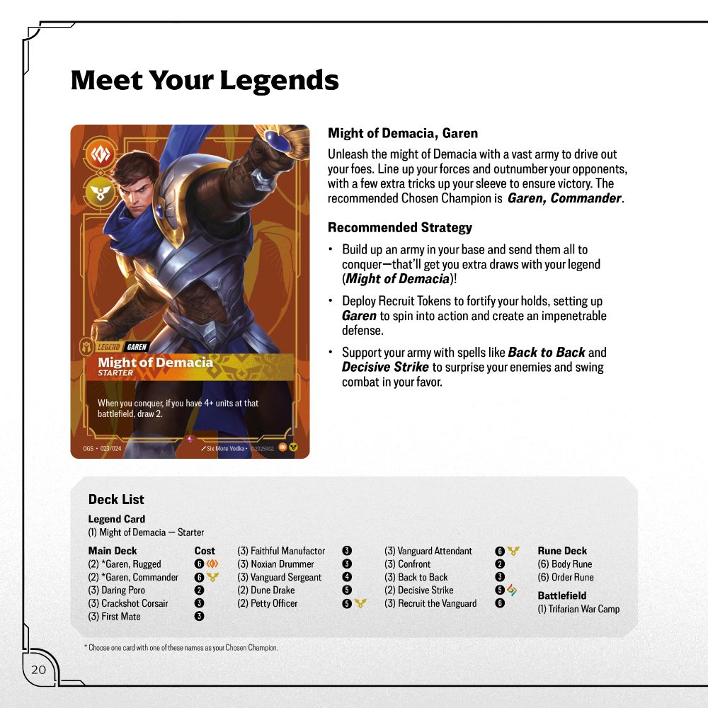 Garen's page from the Proving Grounds instruction book, which includes the decklist (I don't have time to provide here, but it will be available soon in How to Play article and probably right now on Discord)