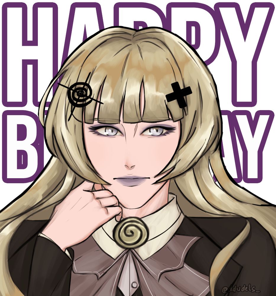 An illustration of an even-faced Cherie with her hair down. Behind her are the words 'happy birthday' in capital letters, partially obscured by Cherie.