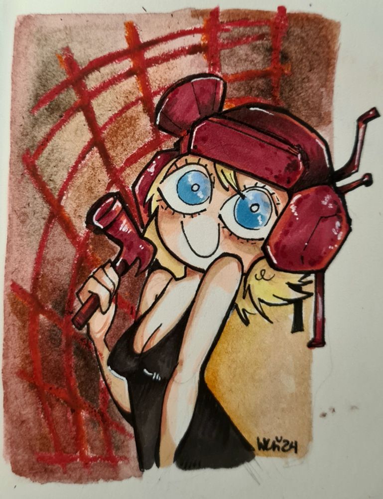 a traditional halfbody drawing of the main character from the 2024 indie game psychopomp holding her hammer smiling and staring at the viewer. the picture is done with oil pastels, watercolour and markers
