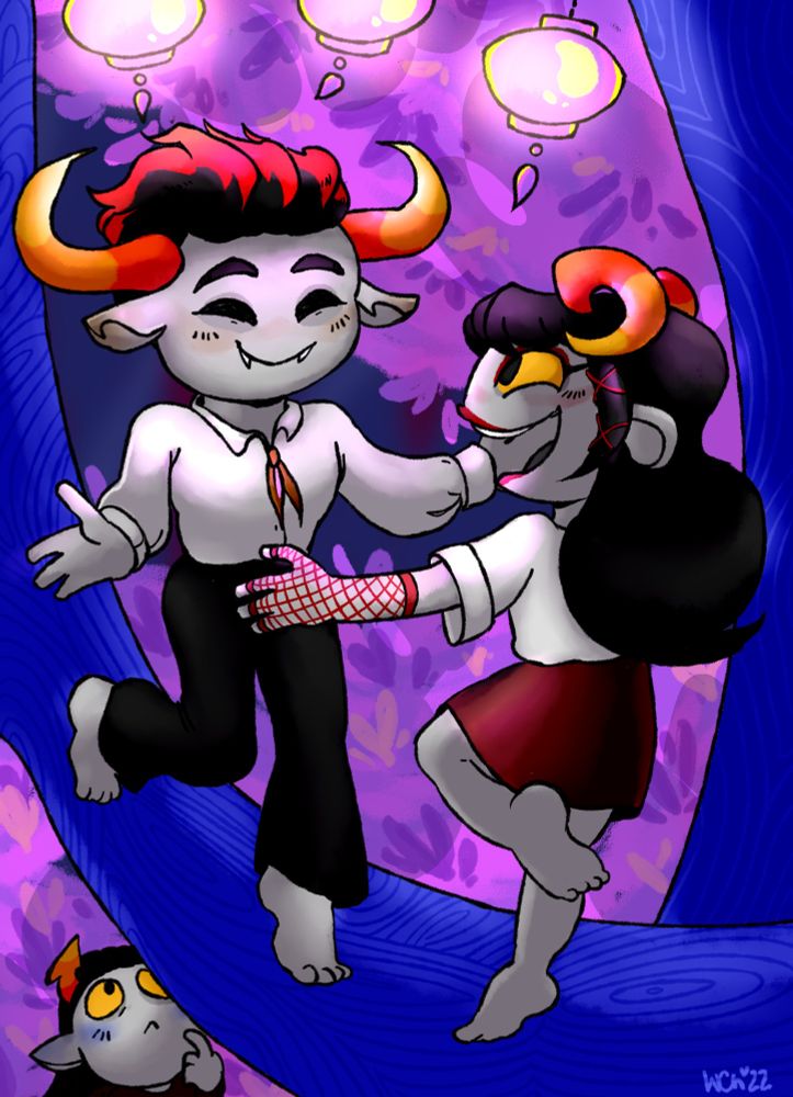 a digital drawing of characters rufioh nitram, damara megido and horuss zahhak from homestuck. the characters are approximately 5 sweeps old, rufioh and damara are seen dancing on the blue tree, barefoot, looking very happy. horuss watches them from under the tree branches. there are lanterns that emit soft pink light above them