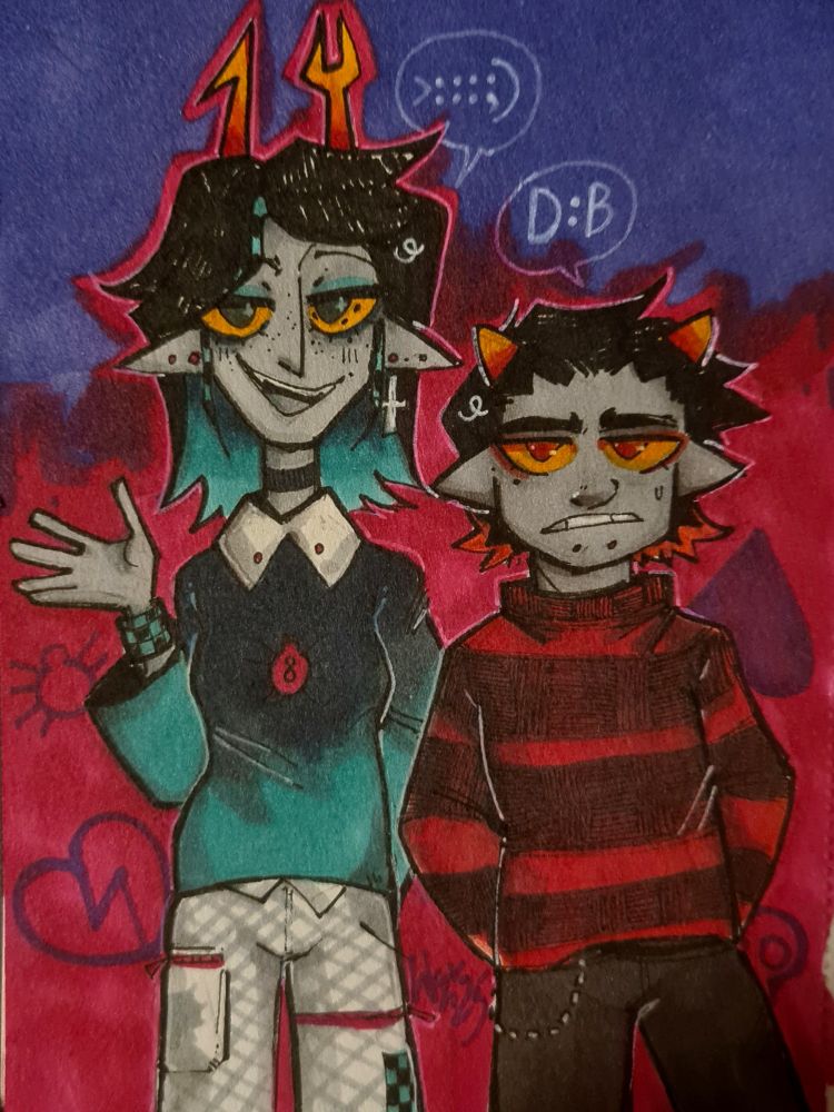 a traditional drawing of homestuck characters vriska serket and karkat vantas dressed in emo style 