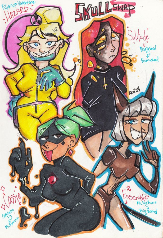 traditional marker artwork of skullgirls characters filia ("hazard", swapped with valentine), parasoul ("solitude", swapped with painwheel), miss fortune ("ensemble", swapped with big band) and cerebella ("cassie", swapped with ms. fortune)