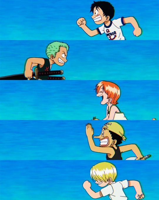 This is a picture of Straw Hat Monkey D Luffy, Pirate Hunter Roronoa Zoro, Cat Burglar Nami, Sniper King Usopp, and Black Leg Vinsmoke Sanji  (aka mr. Prince) from the Shounen One Piece anime (Toei animation / 4kids / Funimation) / One Piece manga (Shonen Jump / Viz), written and authored by the mangaka eiichiro Oda. 

All of the characters depicted are children and running like in an anime OP / anime intro sequence. 

The image is a meme picture like would be found on the funny meme subreddit memepiece. It depicts young Luffy running to the left at the top of the photo. Then child Zoro running to the right while holding one of two swords he has on him. Then child nami running to the left beneath him. Beneath her, child Usopp is running while holding onto some sort of weapon or item by its handle. Then a determined Sanji is running. 

Zoro is the only one running in the wrong direction, which is a joke about his poor sense of direction and overall difficulty with navigation and directions in the series. Each of the Straw Hat Pirates shown have the sort of look you would expect an an anime OP, with Zoro in particular appearing to be very determined, despite him sprinting in the absolutely wrong direction. Everyone except Zoro is running to the left, while Zoro is running rightward.

The background of the pic is light blue, sort of similar to the color of the sea. 

It should also be noted that these are cartoon / animation based depictions of the pirates, and not real live action actors like in the Netflix version of the series with Inaki Godoy, Mackenyu, Emily Rudd, Taz Skylar, or Jacob Gibson. 

The overall vibe and mood is adorable, quirky, innocent, playful, cute, and fun. It feels very wholesome since these are just children, child pirates, having fun. 

There is no text written on the meme, so everything is entirely visual. 