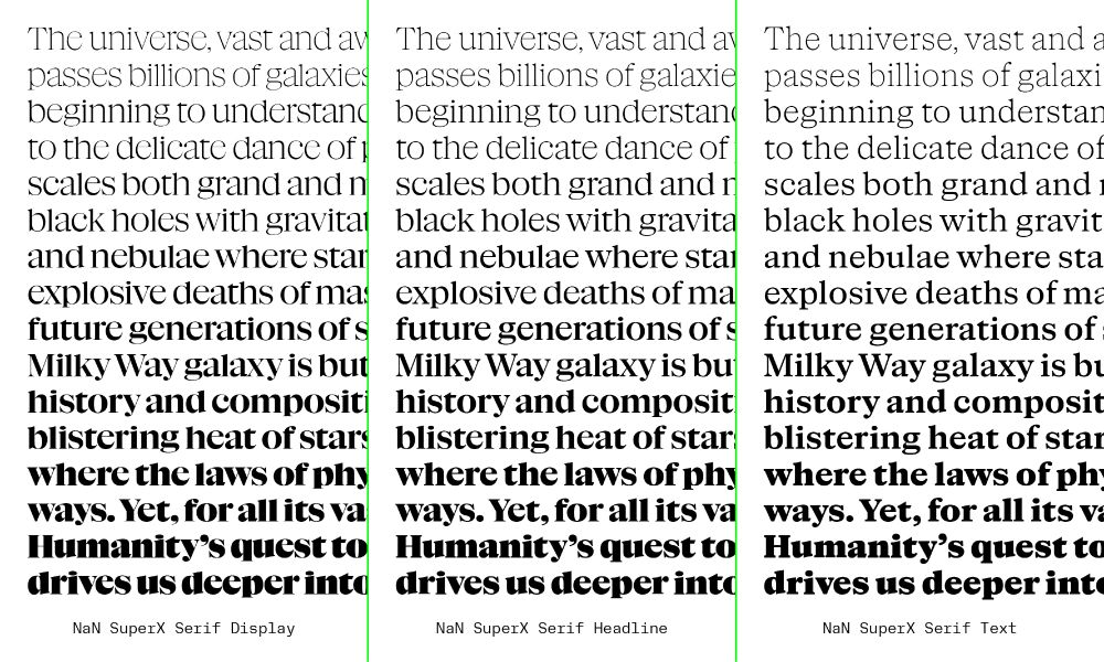 A type specimen of the NaN SuperX font family: a serif + sans in 3 optical sizes.