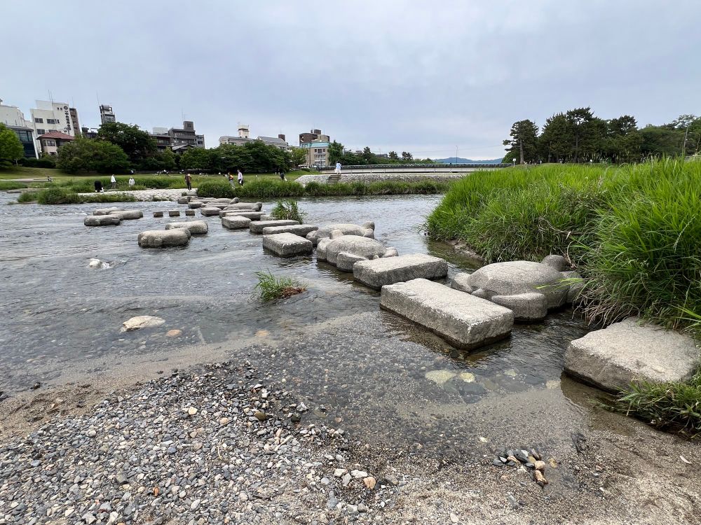 Rectangular and animal shaped stepping stones forms part across a shallow river.