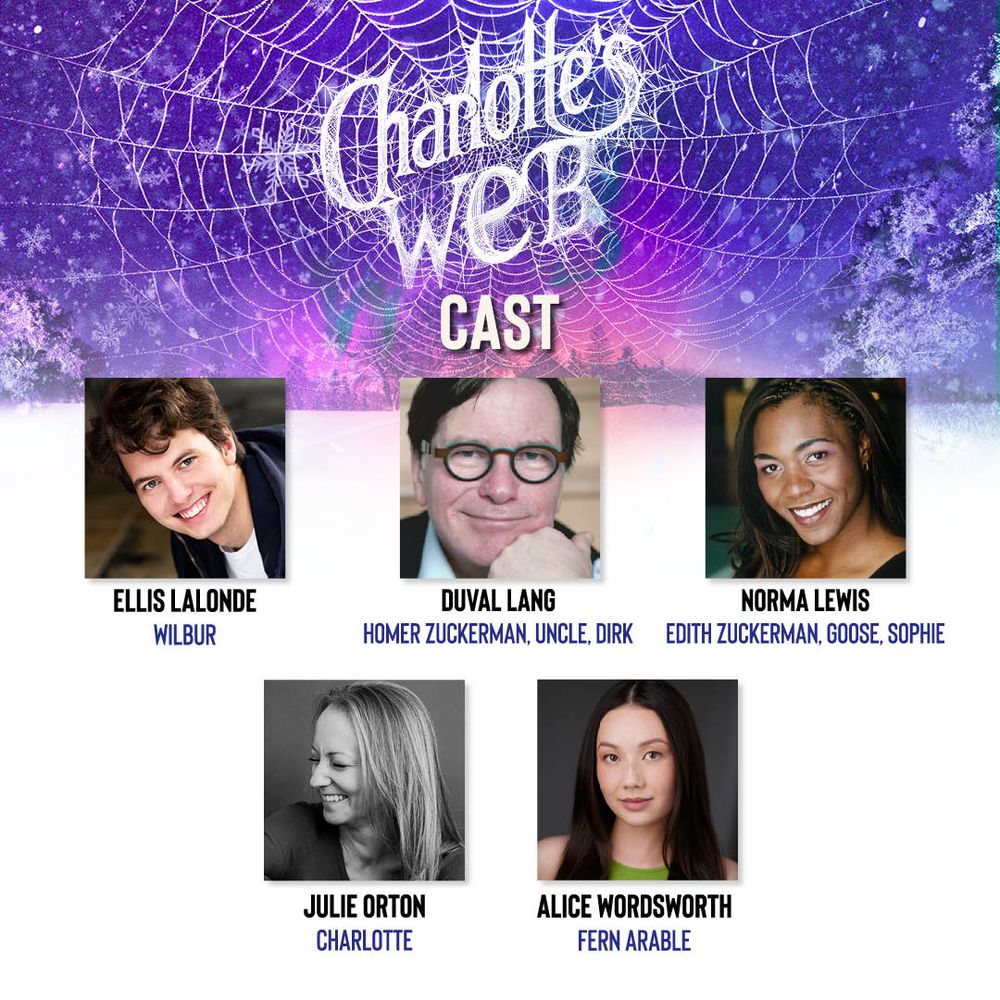 The Cast of ATP's upcoming production of "Charlotte's Web" also includes Ellis Lalonde as Wilbur; Duval Lang as Homer Zuckerman, Uncle and Dirk; Norma Lewis as Edith Zuckerman, Goose and Sophie; Julie Orton as Charlotte; and Alice Woodsworth and Fern Arable. 