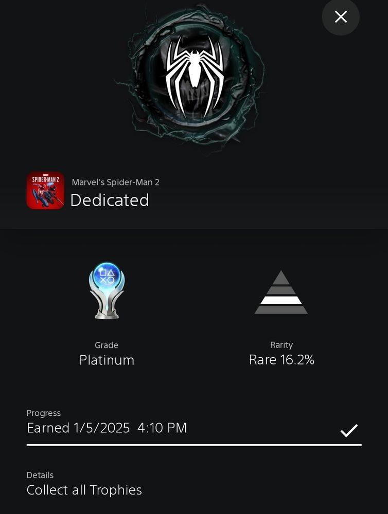 Screenshot from the Playstation app showing completion of the "Dedicated" platinum trophy from Spiderman 2.