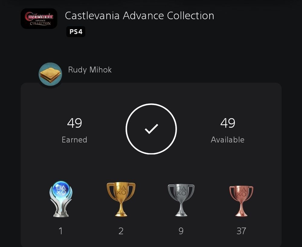 Screenshot from the PSN app showing Castlevania Advance Collection with fully completed trophies. 