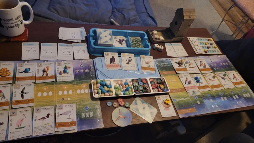 Table featuring a 2 player setup of the boardgame Wingspan. 