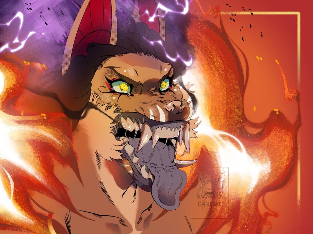 Another bust of Amanita, but she's facing right with her mouth wide open, sporting her sharp teeth and purple tongue with a mocking look on her face. Flames come out of the stripes on her shoulders and her hair is turning into a cloud and emits purple lightings, smoke comes out of her mouth.