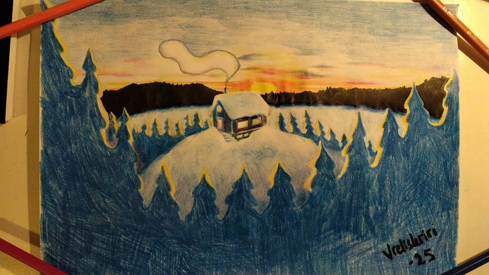 Summary: A cabin on a hill oversees a frozen lake. The scene is illuminated by a midwinter sunset.

Details: The hill is enveloped in lines of snow-covered spruce trees, the treetops gilded by the sunset. Blue dusk seeps from the shadows of the trees into the hillside. 

The windows of the cabin are lit, gently pushing back the soft shadows. A cloud of smoke rises from the narrow chimney, iridescent like a bubble of soap. 

Translator's note: hämärän huomaan = into the care of twilight