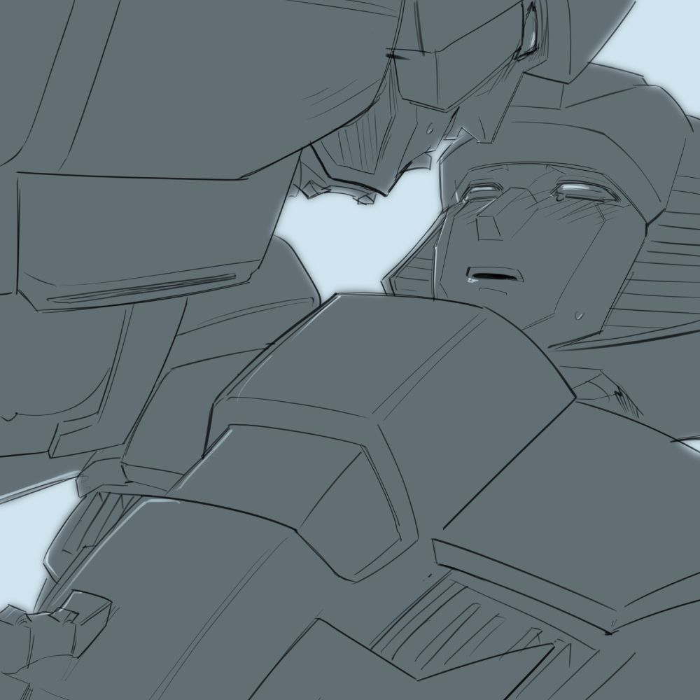 Mirage laying on his back, Skywarp leaning over him, running his thumb over his abdomen.  Mirage has a flushed and aroused expression while Skywarp smirks down at him,