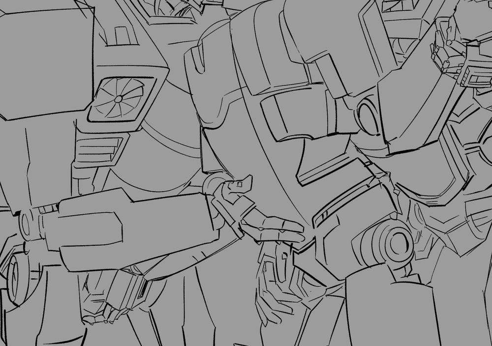 Cropped Lineart of Skywarp, Mirage, and Thundercracker’s bodies close together with Mirage in the middle.  Mirage has one hand over Skywarp’s interface panels, Thundercracker has one hand over Mirage’s upper thigh, the other grabbing and pulling back Mirage’s unoccupied wrist.  Skywarp has one hand stroking midway down Mirage’s torso, the other is on his lower back.