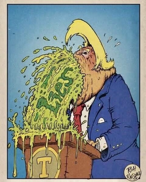 Cartoon depicting 47 puking Lies