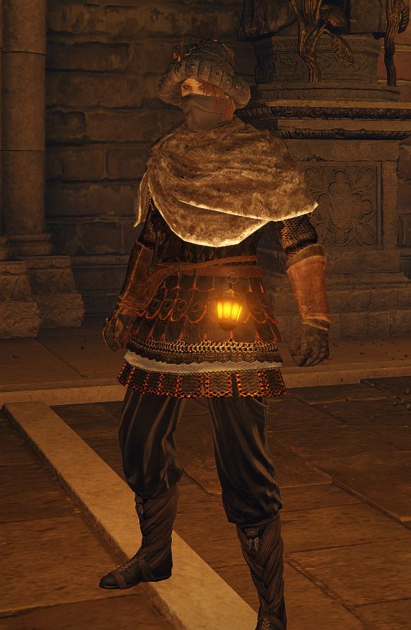 screenshot of an elden ring character. they are wearing loose-fitting pants, leather boots, leather armguards, layered metal armor, a cloth wrap over their lower face and upper torso, and a fluffy cloth hat. 