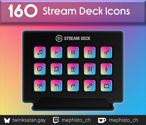 "160 stream deck icons" , a stream deck mockup shows a grid of 15 rainbow gradient icons that are for sale. The background of the image uses the same gradient.
Text below for social media platforms: "twinksatan.gay" "mephisto_ch" "mephisto_ch"