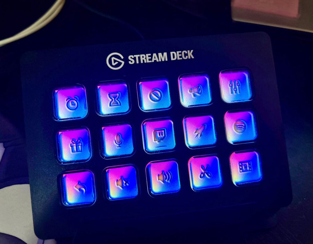 A real photo of the stream deck icons in use on my actual stream deck to show that the colors vary a bit from screen to screen depending on how they keys are lit up on the stream deck