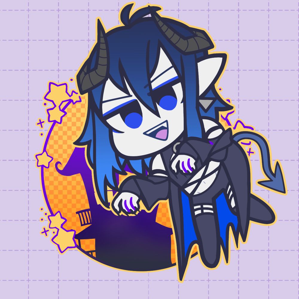 Picture of a cartoony-styled chibi of VTuber mephisto_ch. He is smiling with his arms out in front of him in a spooky ghost-like way and floating in the air. Behind him is a circular stylized house with star accents. Artwork is made by @andou