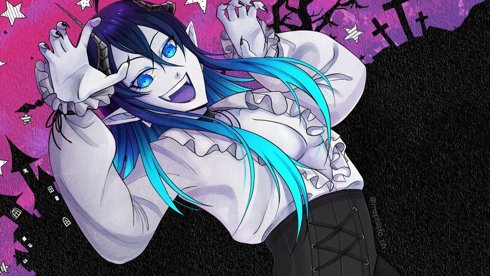 Art of Mephisto making claw hands in a playful way with a whimsical cartoony halloween background with a purple and pink sky.