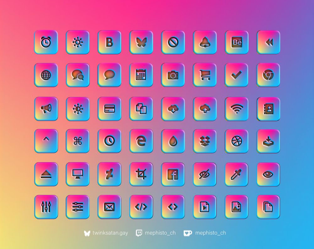 48 square icon grid, all having the same rainbow gradient. the background of the image is the same gradient

Text below for social media platforms: "twinksatan.gay" "mephisto_ch" "mephisto_ch"