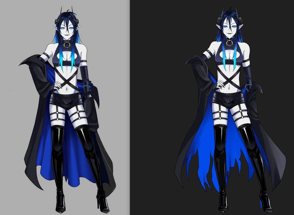 The image features my VTuber, Mephisto's Live2D art with his jacket on. Left being most recent wip, right being old model art. He has blue hair and pointed ears, dressed in a mix of black leather and latex, showing a lot of skin. The outfit includes a crop top, shorts, and thigh-high boots, complemented by various straps and chains. Additionally he is wearing a long black jacket with a bright blue inner lining around his shoulders in a lazy fashion. (the old version on the right has tattered edges at the bottom) He stands confidently with one hand on his hip, and one leg out to the side. The background is split into two contrasting colors: gray on the left and black on the right. The overall aesthetic combines elements of fantasy and modern fashion.