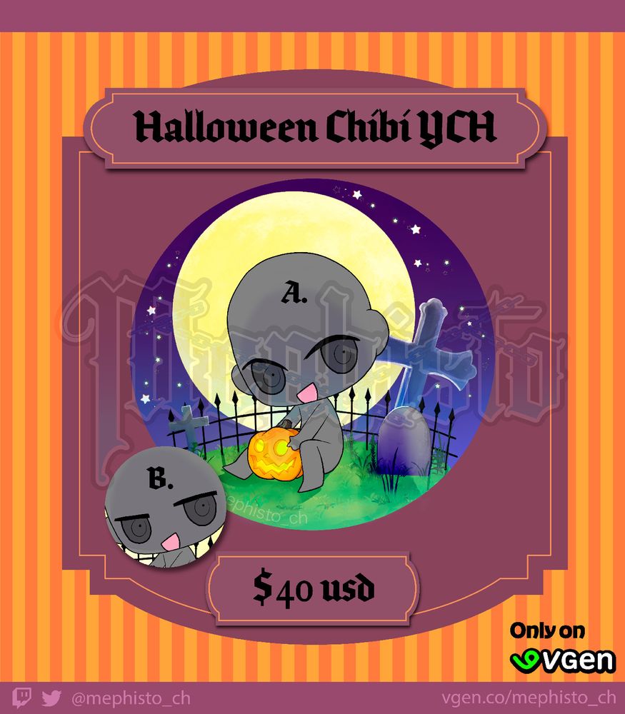 commissions advertisement images for halloween themed chibi ychs on vgen
