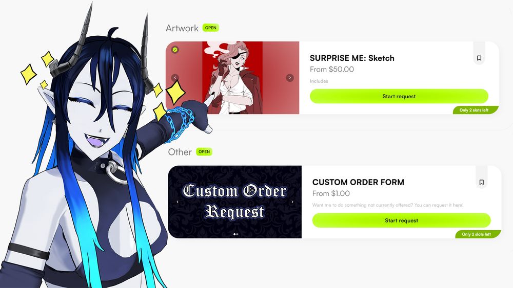 A 3D render of Mephisto is on the left side of the image. He is pointing excitedly to show you two types of commissions types that I have open: surprise sketches and custom orders