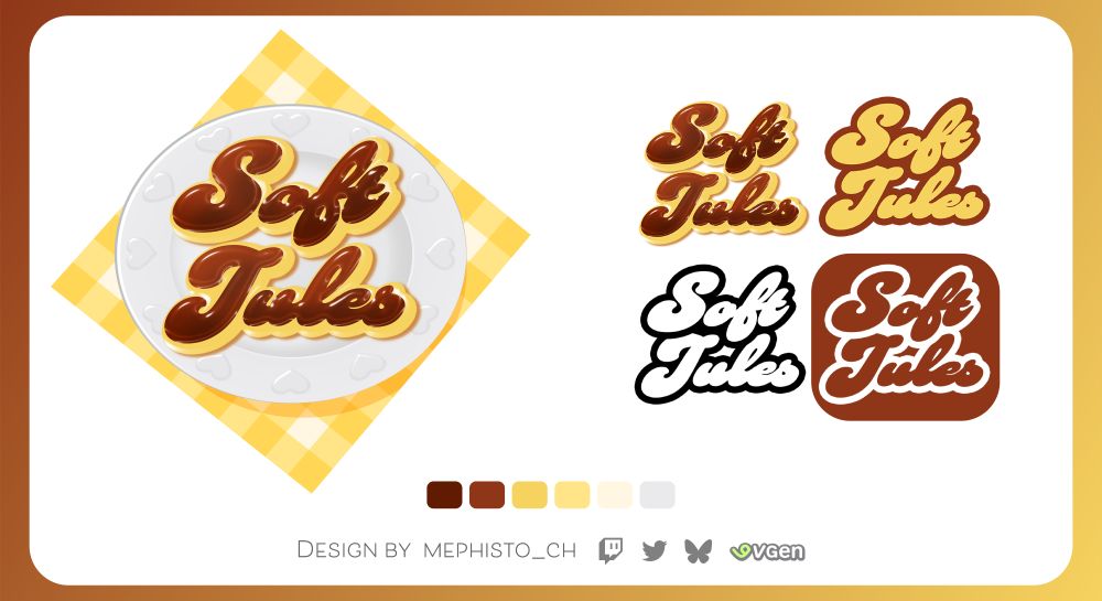 Design display for the logo 'Soft Jules.' The main logo features glossy brown and yellow pudding shaped in the letters to "Soft Jules", placed on a white plate with heart imprints, set against a yellow gingham napkin background. Variations of the logo are shown to the right, including alternate color schemes such as white, brown, and yellow combinations. Below, there is a color palette swatch and attribution text: 'Design by Mephisto_CH' with Twitch, Twitter, BlueSky and VGen icons.