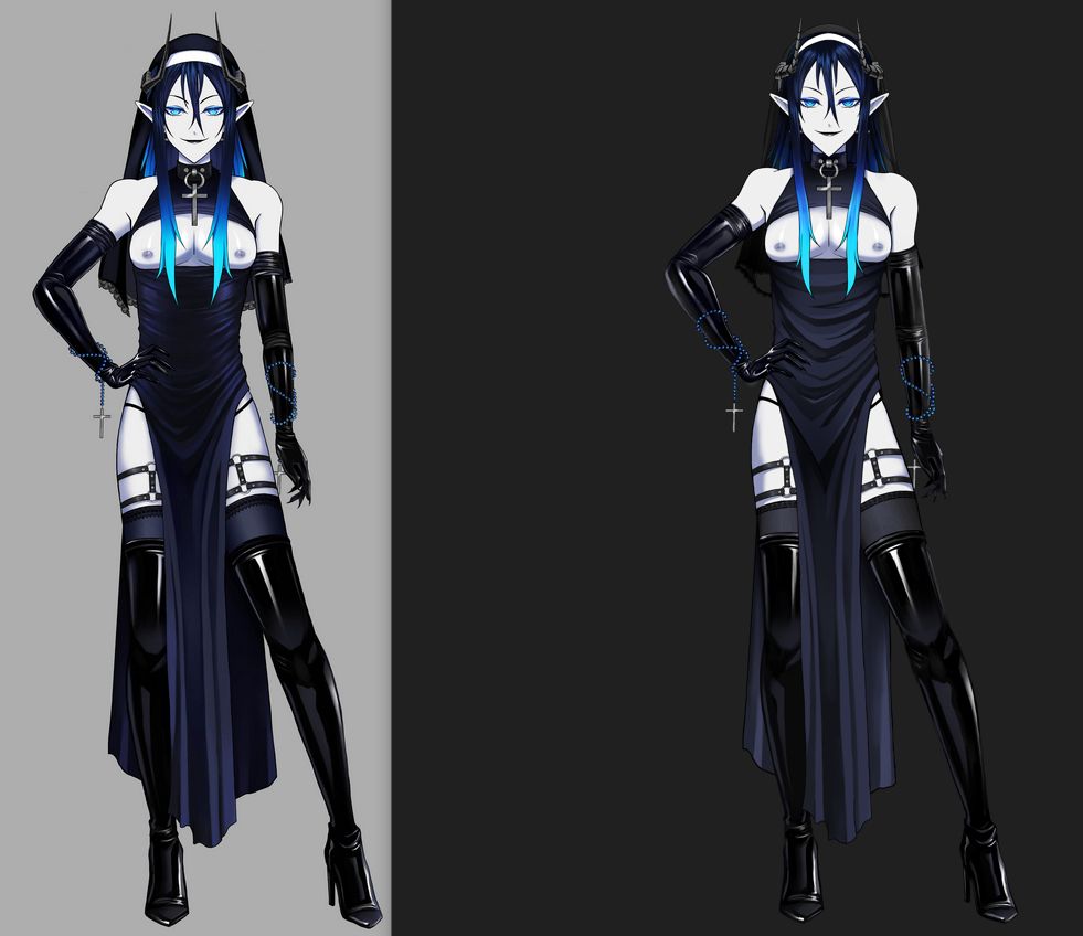 The image features my VTuber, Mephisto's alternate sexy nun Live2D art. Left being most recent wip, right being old model art. He has blue hair and pointed ears, dressed in a mix of black leather and latex, as well as showing a lot of skin. The outfit consists of a dark, flowing dress with high slits, revealing thigh-high stockings and garters, and g-string. The top of his dress has a boob-window exposing his chest and making it look a little more voluminous. He wears long black gloves and high-heeled boots, complemented by various accessories, including rosaries around his arms, crosses, and a nun habit with slits for his horns to fit through.  He stands confidently with one hand on his hip, and one leg out to the side. The background is split into two contrasting colors: gray on the left and black on the right. The overall aesthetic combines elements of fantasy and modern fashion.