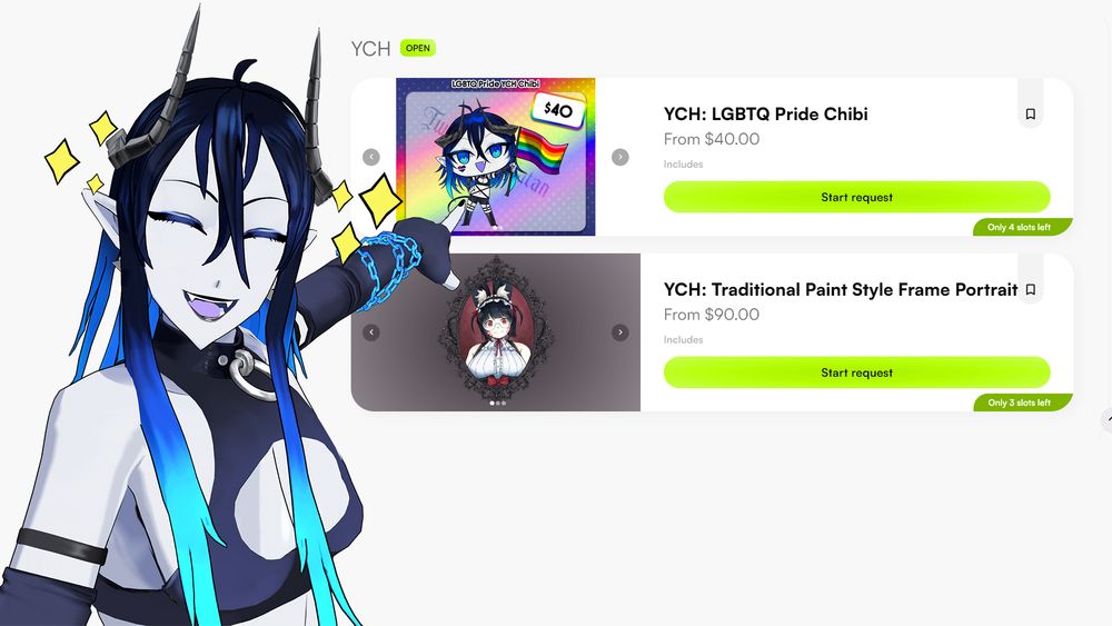A 3D render of Mephisto is on the left side of the image. He is pointing excitedly to show you two types of YCH commission types that I have open