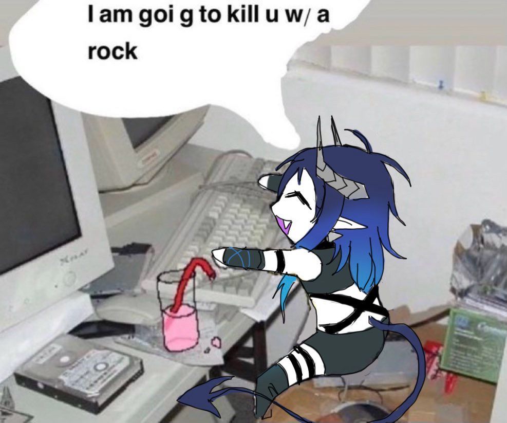a meme redraw of mephisto sitting at a retro computer that he’s too small for (maybe a child’s size???) the environment of the computer and desk is a real and old looking photograph. he has a cute smile and a crude text bubble that says “i am goi g to kill u w/ a rock “