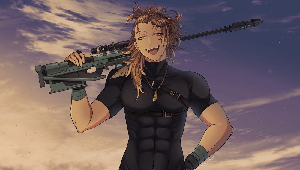Artwork of the Holostars EN Vtuber Goldbullet standing waist up in the middle of a blue to sandy yellow sky with clouds. He’s smiling, his left hand is on his hip and his right arm is slinging his rifle over his shoulder to rest it there