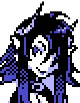 A fully originally drawn pixel sprite portrait of Mephisto. Not an edit! Still using a traditional blue gameboy palette 